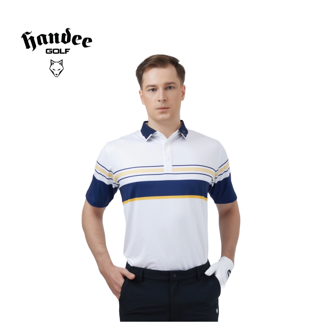 Men White Navy Bold Stripe Golf Shirt